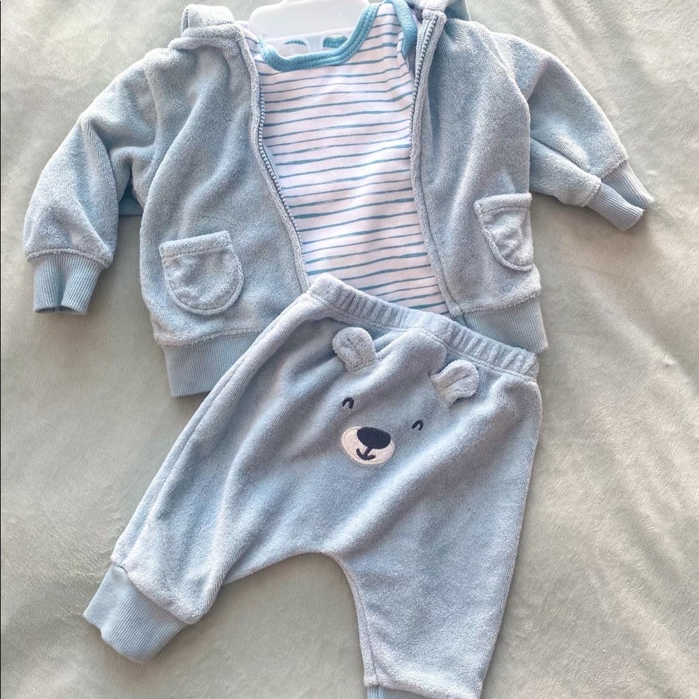 Carters Bear jumpsuit. Little Jacket, body suit and pant set
